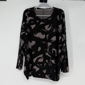 Natori Black Grey Abstract Brush Stroke Long Sleeve Top XS Rayon Spandex